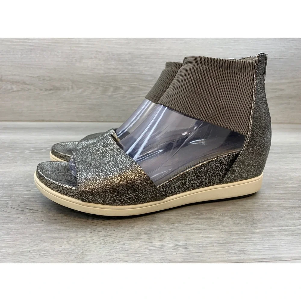 Eileen Fisher Women's Sandals Metallic Crackle Leather Wedge 8 Casual Shoes